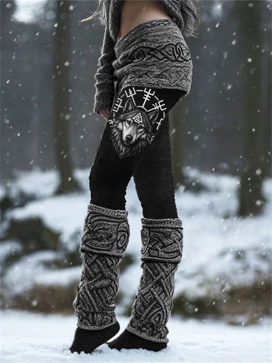 Kvinders Retro Viking Runes Nordic Wolf Knob Sports Stretch Leggings