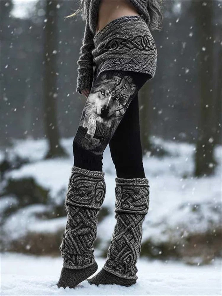 Kvinders Retro Viking Runes Nordic Wolf Knob Sports Stretch Leggings