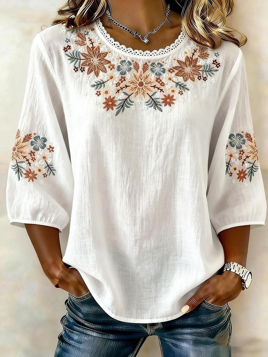 Damernes blomsterbomuld og linn T-shirt