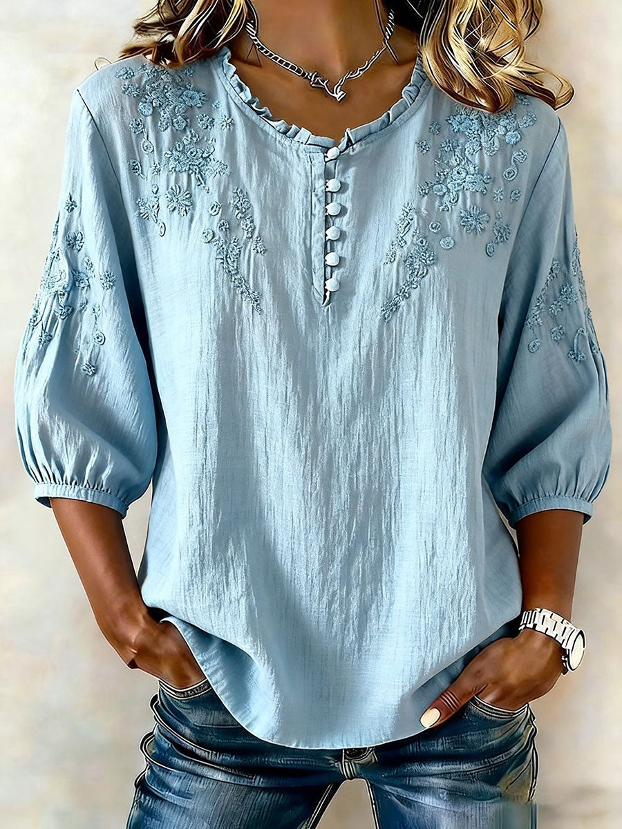Kvinders blomster af bomuld-Linen Casual T-shirt