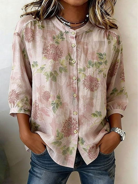Kvinders blomster af bomuld-Linen Casual skjorte