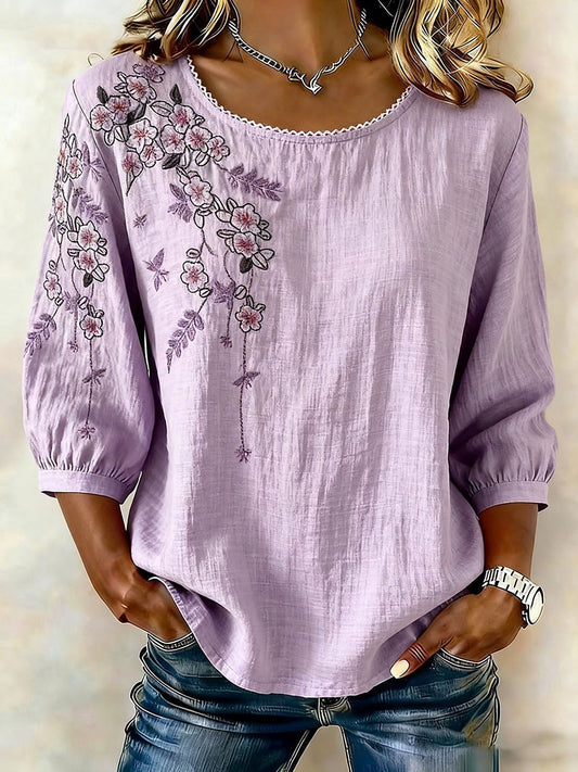 Kvinders blomster af bomuld-Linen Casual T-shirt