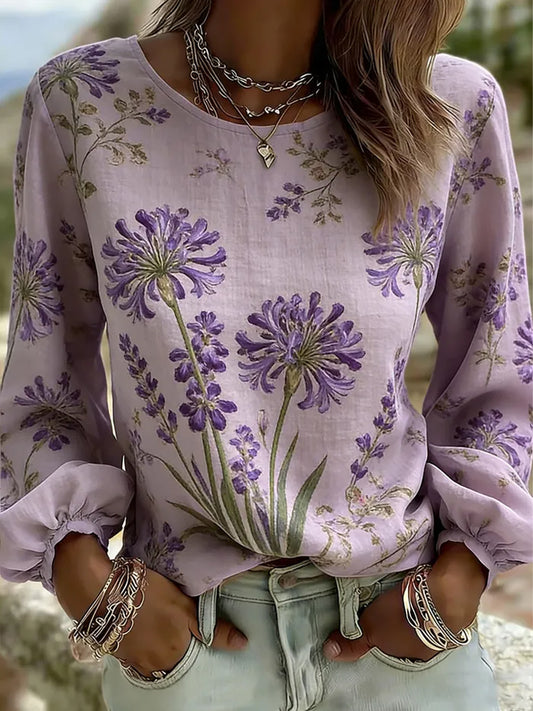 Kvinders lilla flora kunstprint afslappet t-shirt