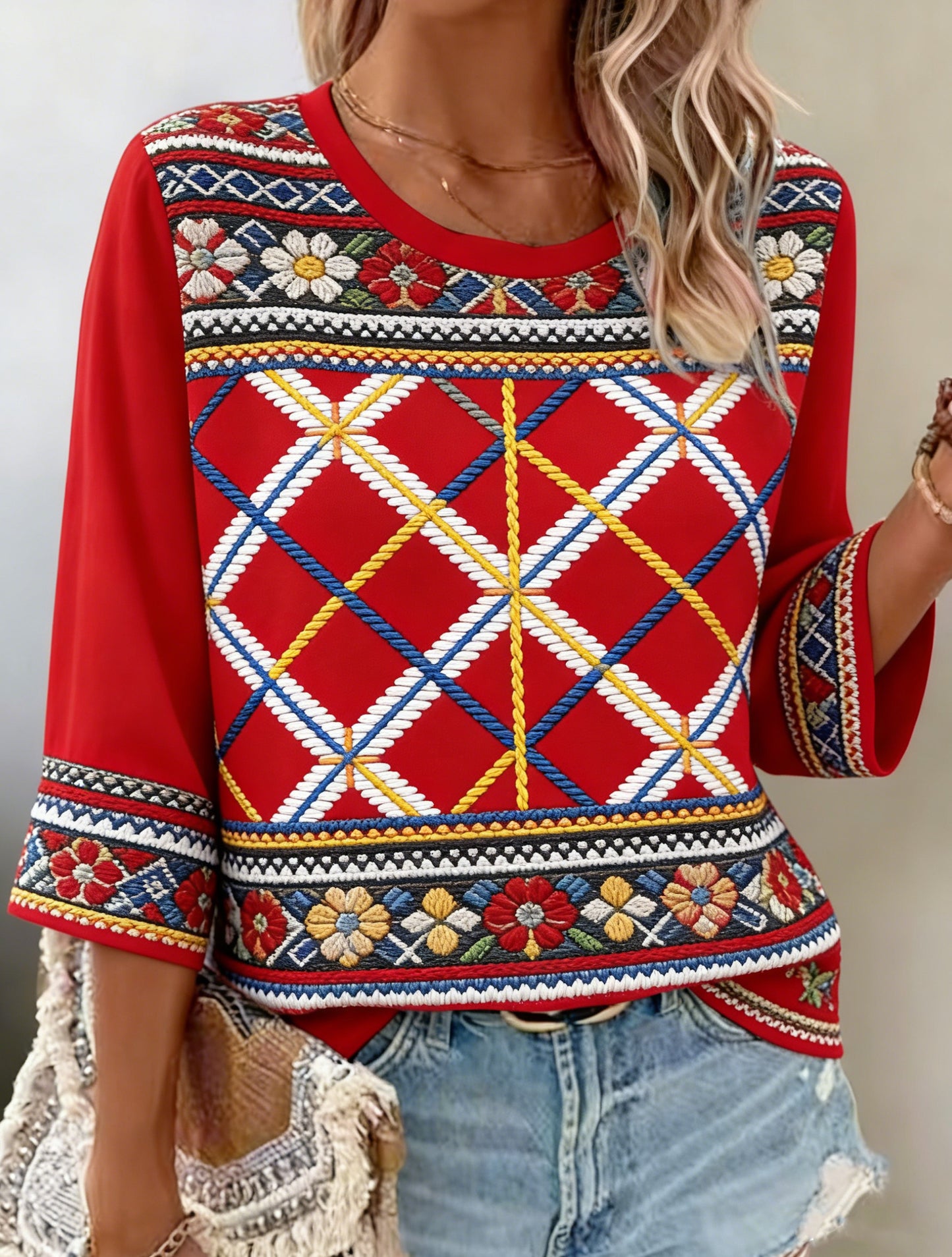 Kvinders danske Grønland Vintage Etnisk Stil kombineret med Nordic Fair Isle Jacquard Print T-Shirt