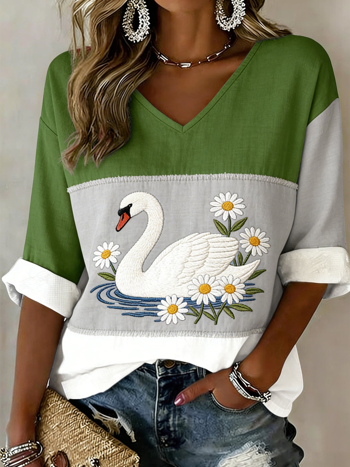 Kvinders danske Svane & Daisy Art Print Splet T-shirt