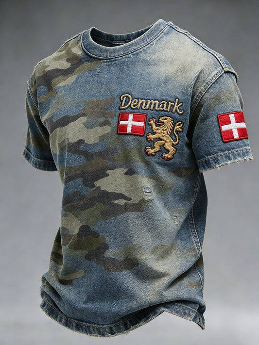 Mænds slidt camouflageprint t-shirt med korte ærmer