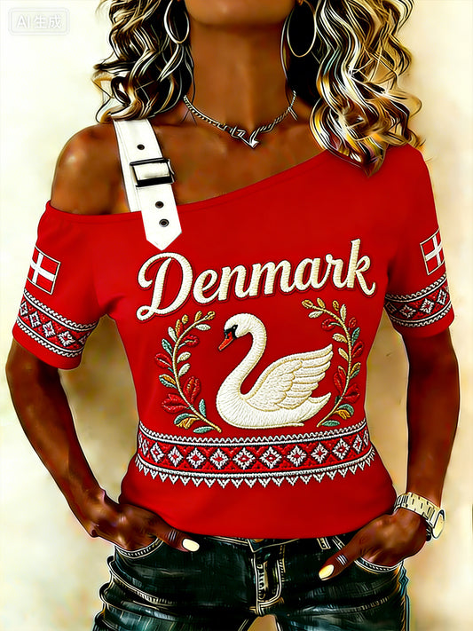 Kvinders etniske stil Svane Print Off-Shoulder T-shirt