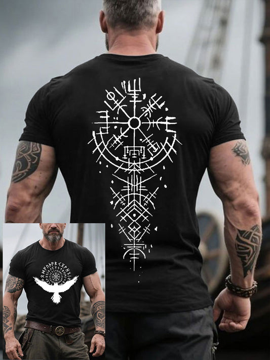 Mænds Viking Style Ravens&Vegvísir Trykt T-shirt