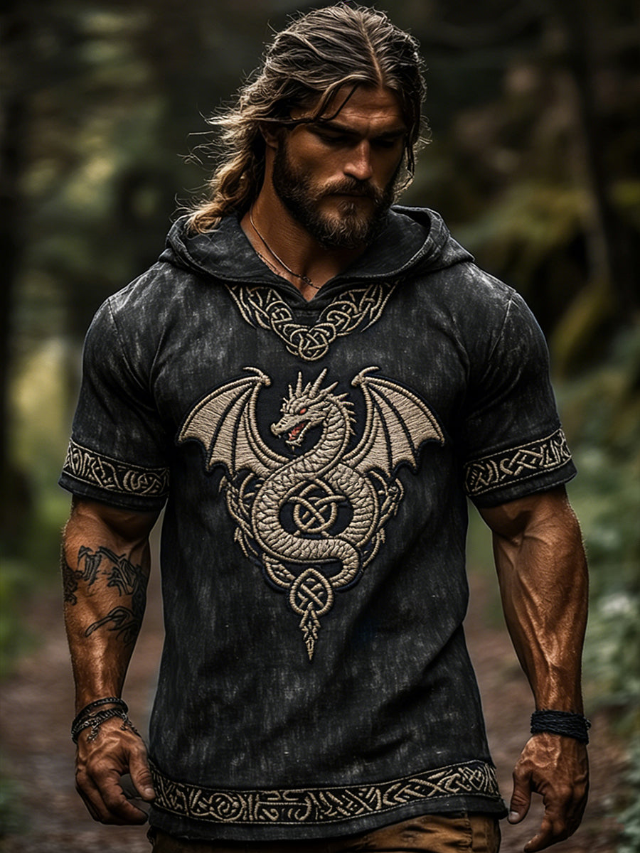 Kortærmet hættetrøje til mænd – Viking Valhalla-design (Retro stil)