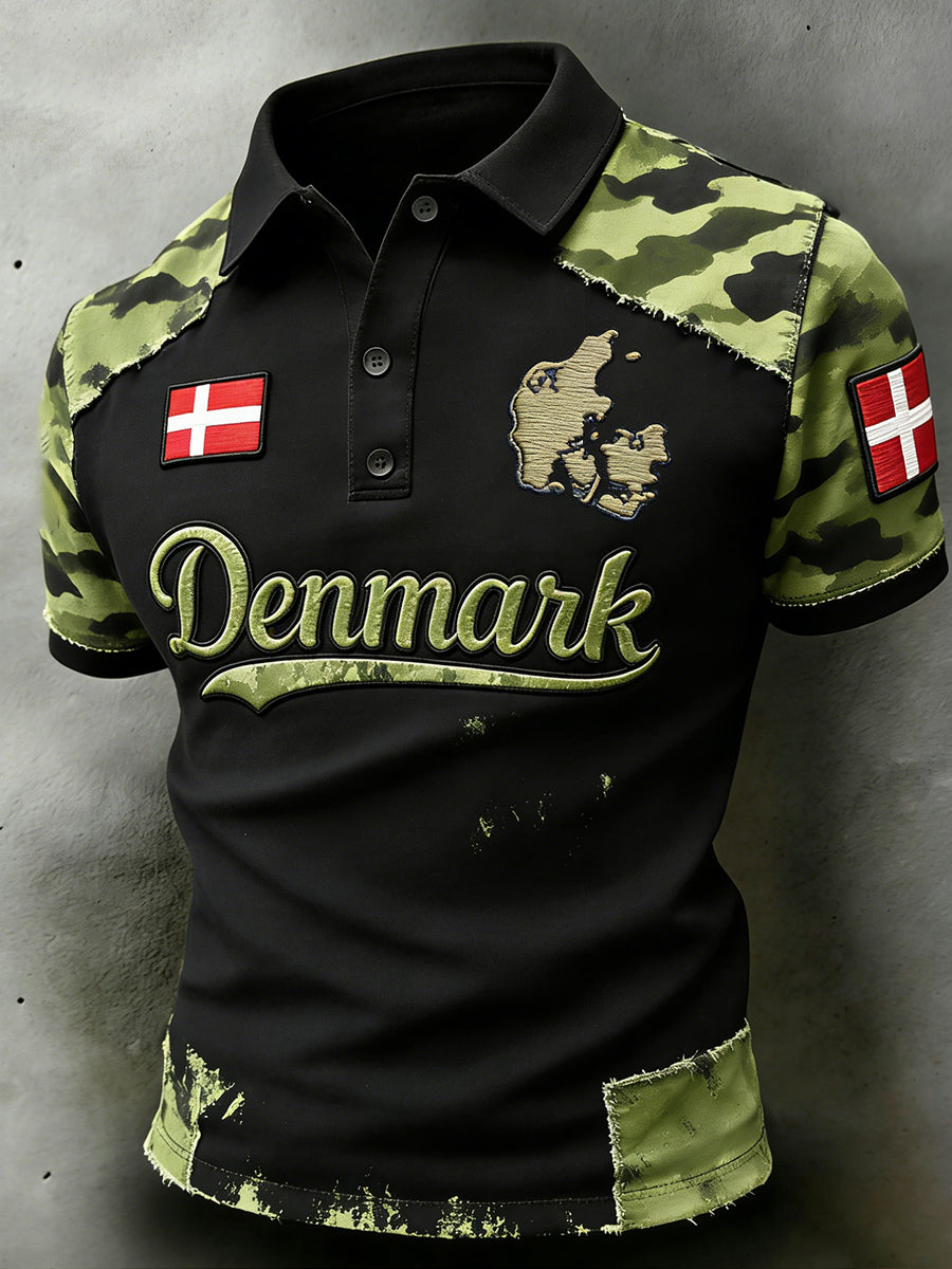 Mænds slidt kamouflagetrykt poloshirt