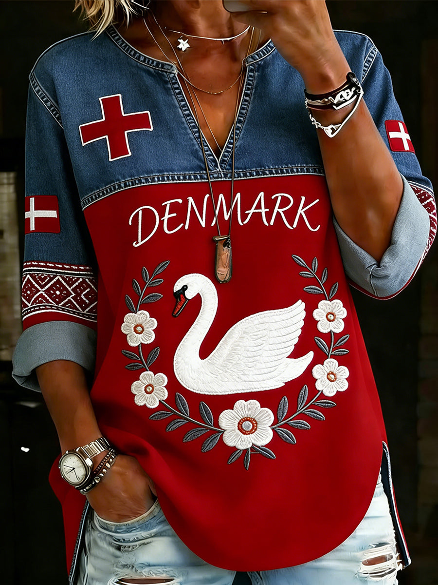 Kvinders etniske stil svane- og blomsterbroderi print V-hals langærmet top