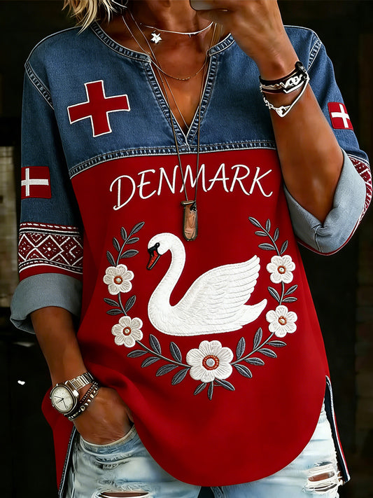 Kvinders etniske stil svane- og blomsterbroderi print V-hals langærmet top