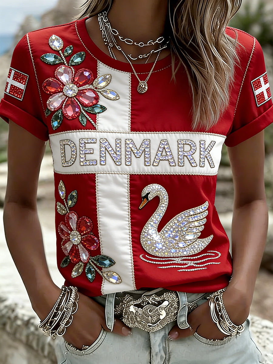 Kvinders afslappet t-shirt med blomster- og svanemotiv og ædelsten