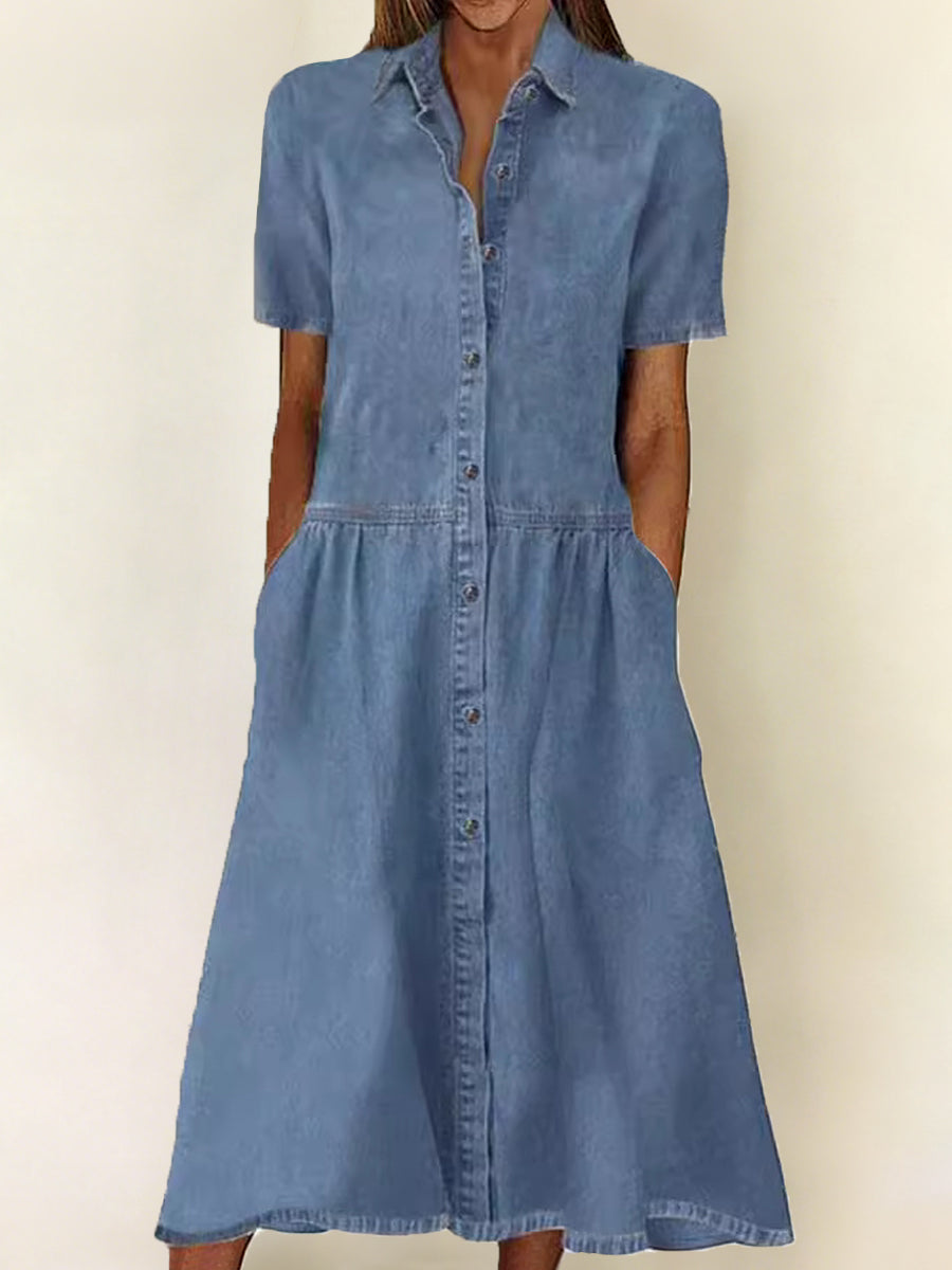 Kvinders afslappet elegante denimkjole med korte ærmer
