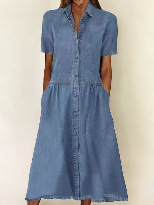 Kvinders afslappet elegante denimkjole med korte ærmer