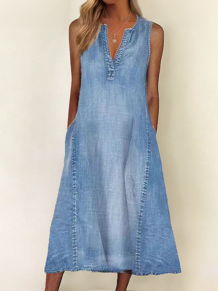 Kvinders Casual Elegant ærmerløse V-hals Denim kjole
