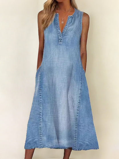 Kvinders Casual Elegant ærmerløse V-hals Denim kjole