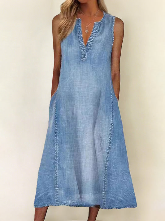 Kvinders Casual Elegant ærmerløse V-hals Denim kjole