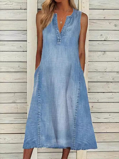 Kvinders Casual Elegant ærmerløse V-hals Denim kjole