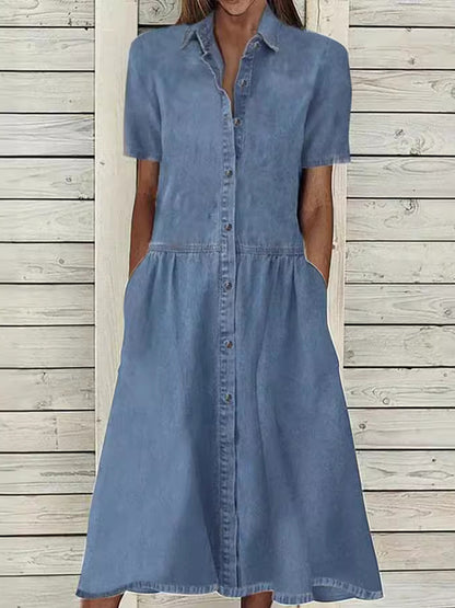 Kvinders afslappet elegante denimkjole med korte ærmer