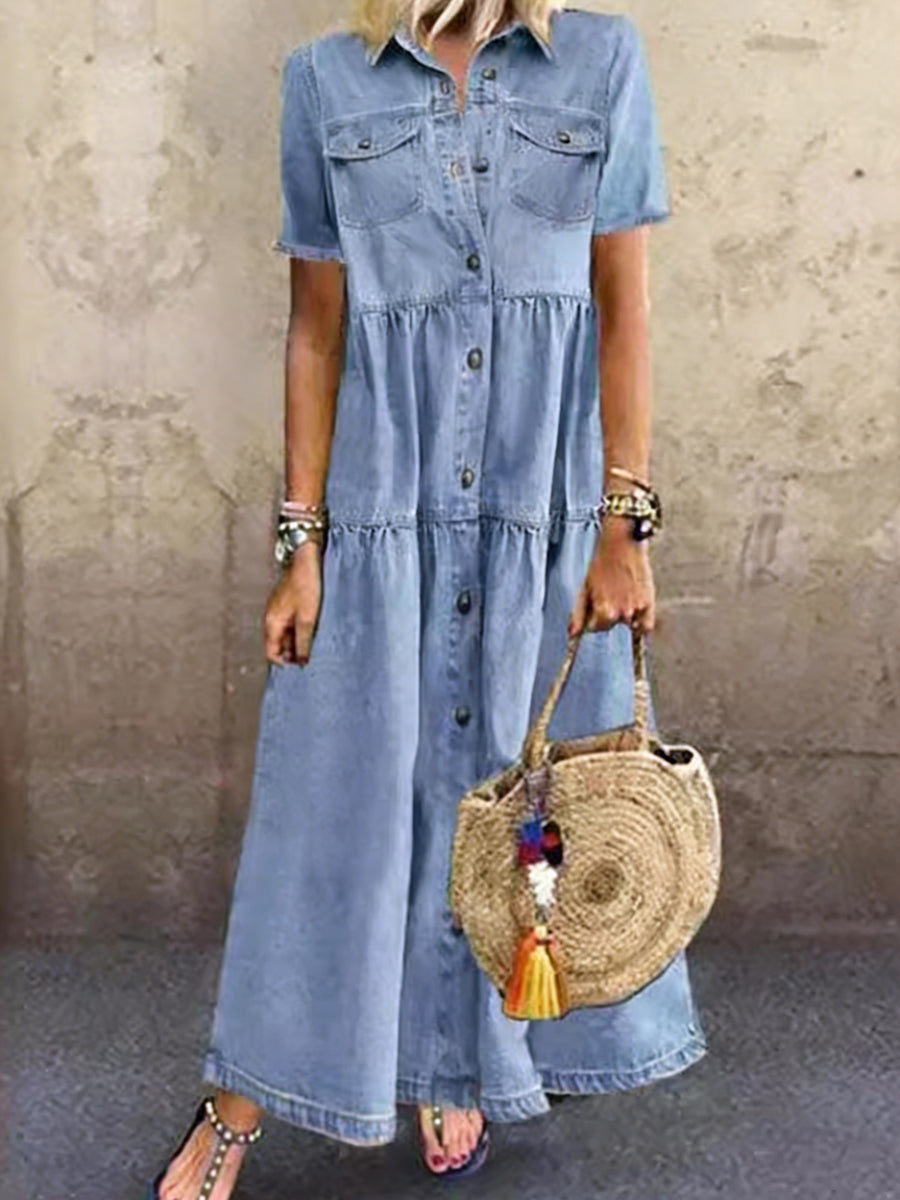 Kvinders afslappet elegante lange skjortekjole i denim