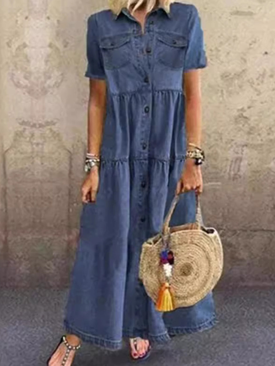 Kvinders afslappet elegante lange skjortekjole i denim