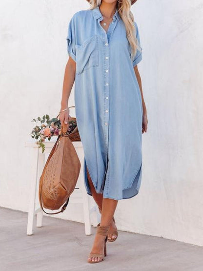 Kvinders letvægt Mid-længde Denim-stil skjortekjole