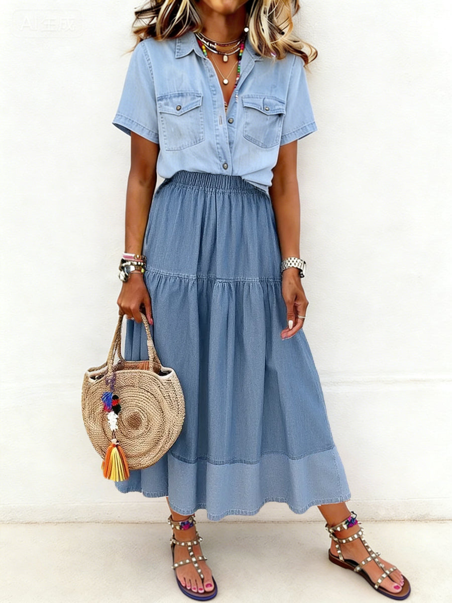 Kvinders Paneled Elastisk talje Denim Skjort