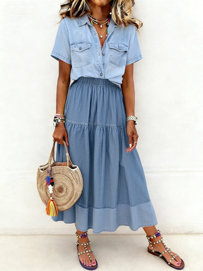 Kvinders Paneled Elastisk talje Denim Skjort