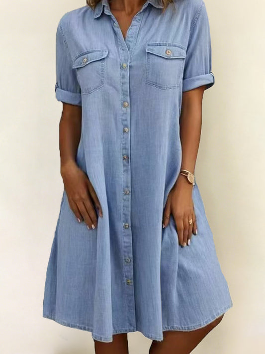 Kvinders Casual Elegant Mid-længde Denim Style skjortekjole