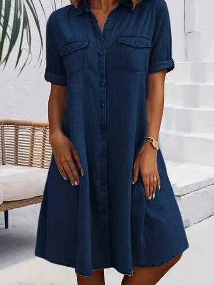 Kvinders Casual Elegant Mid-længde Denim Style skjortekjole