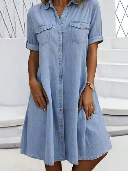Kvinders Casual Elegant Mid-længde Denim Style skjortekjole