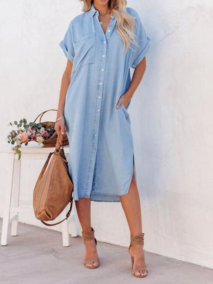 Kvinders letvægt Mid-længde Denim-stil skjortekjole