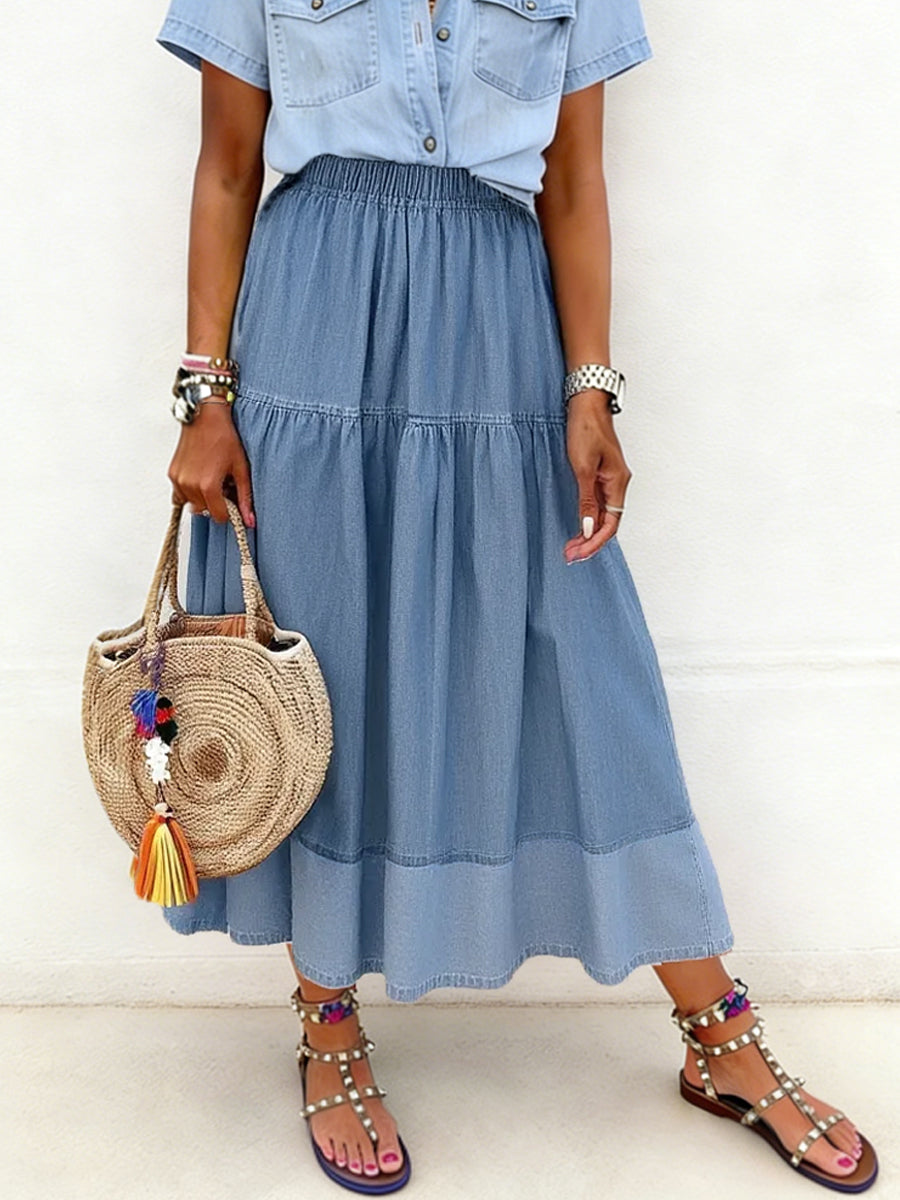 Kvinders Paneled Elastisk talje Denim Skjort