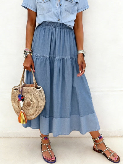 Kvinders Paneled Elastisk talje Denim Skjort