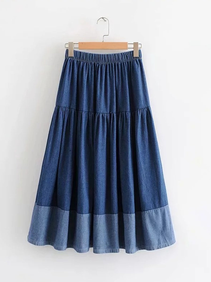 Kvinders Paneled Elastisk talje Denim Skjort