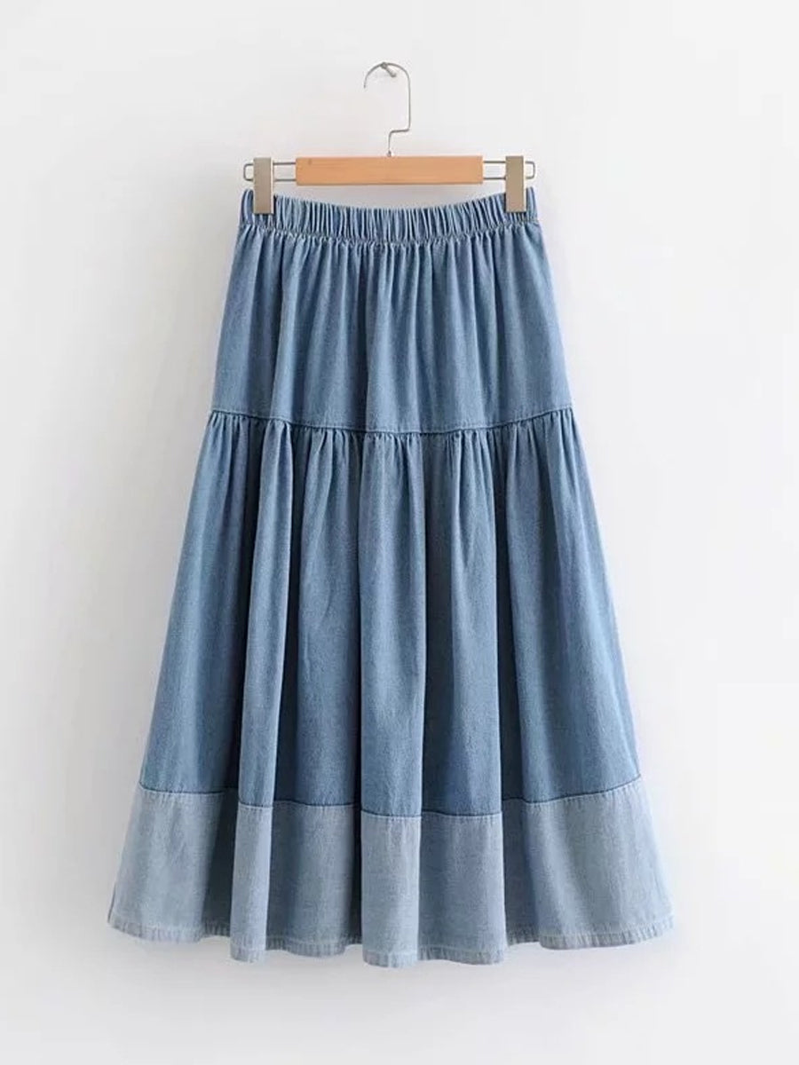 Kvinders Paneled Elastisk talje Denim Skjort