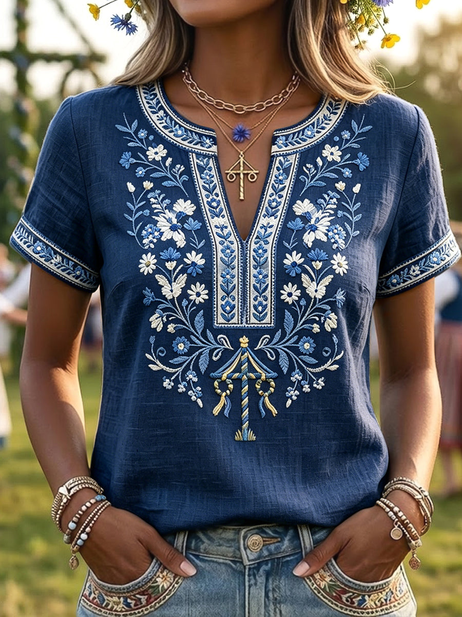 Kvinder Retro svensk midsommer blomsterkunst V-hals T-shirt