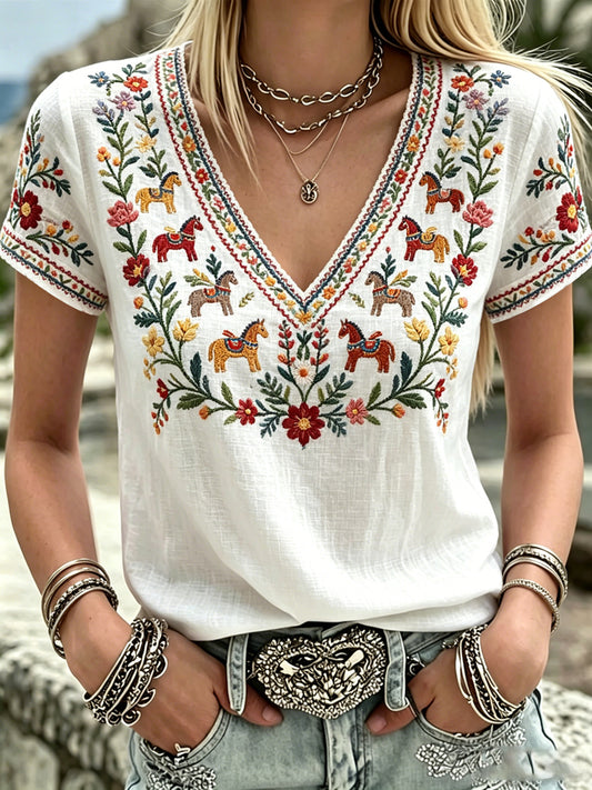 Kvinders svenske midsommer Print V-hals Casual T-shirt