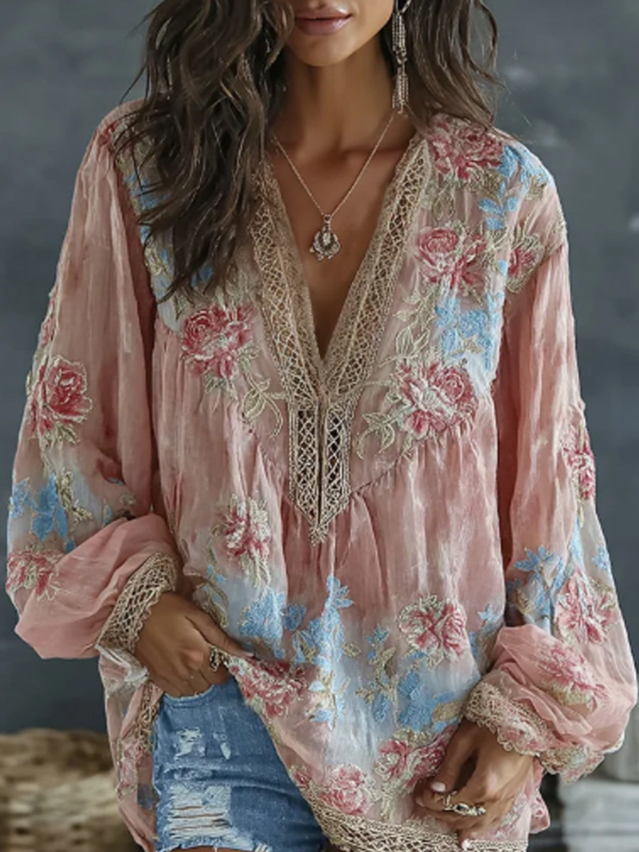 Kvinders Vintage blomster og sommerfugl broderet kunst Print Flowy Linen Blend Casual tops