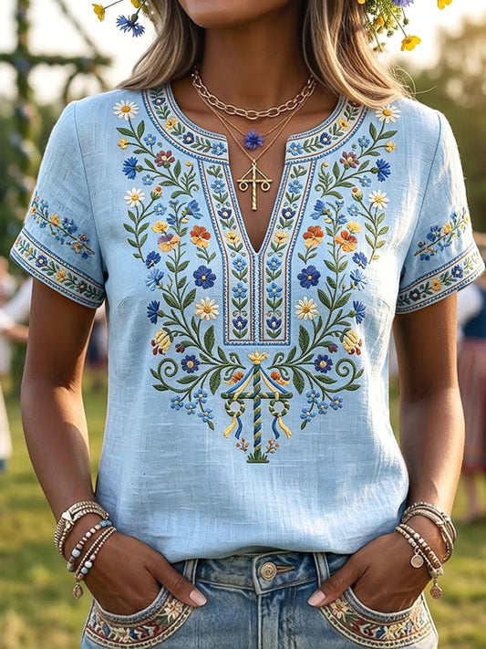 Kvinder Retro kunst svensk midsommer Pole Blomst V-hals T-shirt