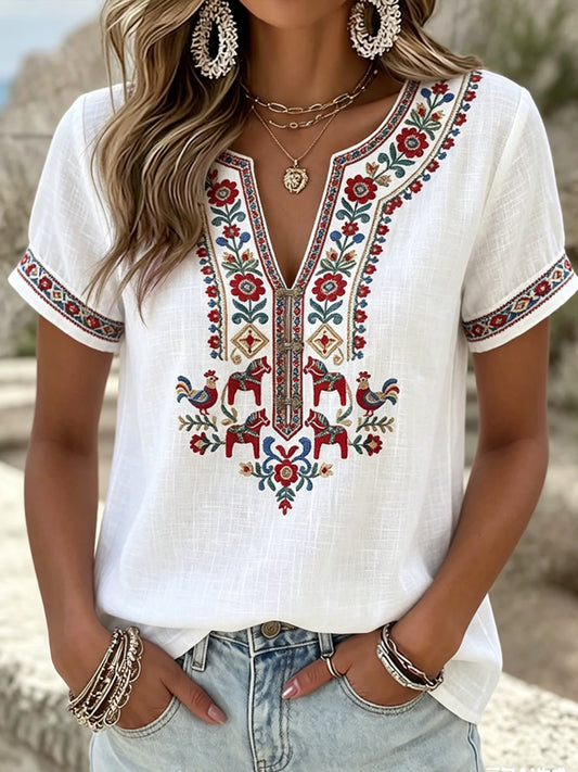 Kvinders Vintage-Stil svensk Symmetrisk Blomster V-hals T-shirt