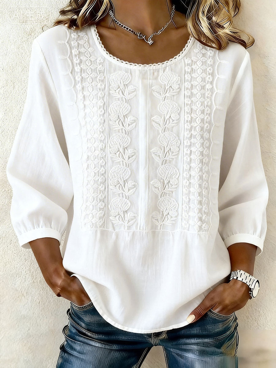 Kvinders blomster af bomuld-Linen Casual T-shirt