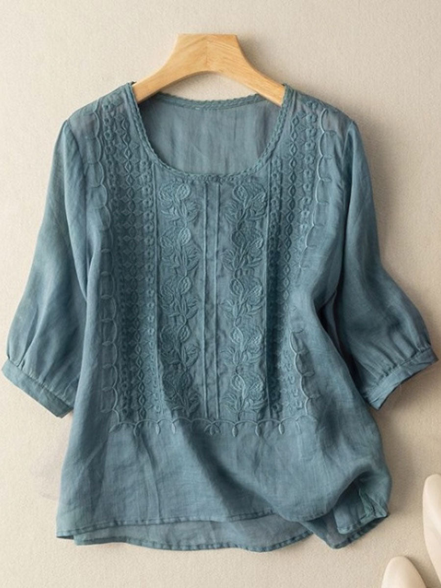 Kvinders blomster af bomuld-Linen Casual T-shirt