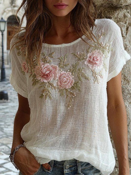Kvinders blomsterbroderi mønster Linned Blend skjorte