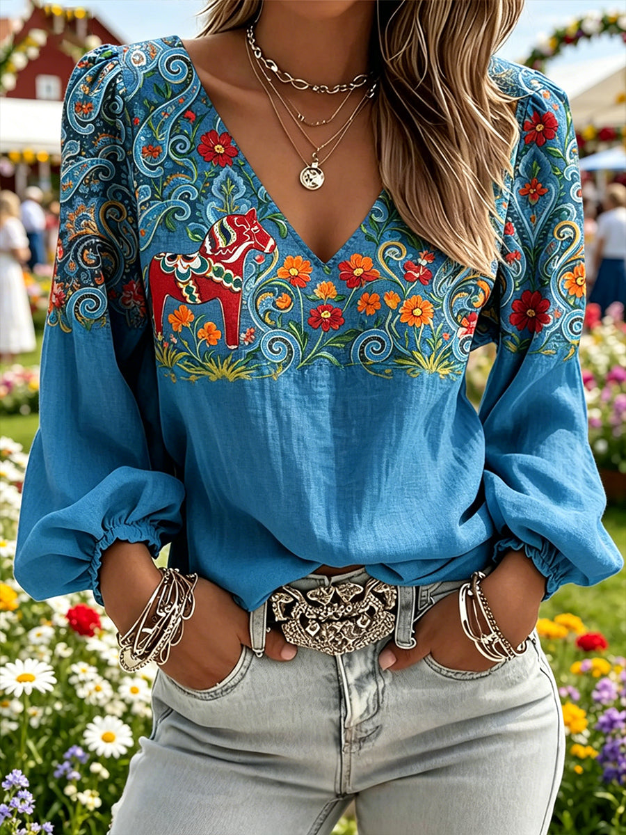 Kvinders midsommer Festival Etnisk Print Casual Puff ærme V-hals toppen