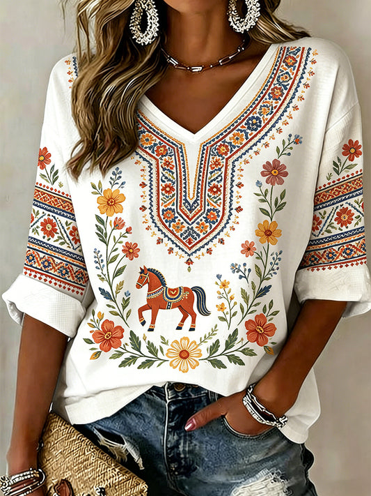 Kvindernes midsommer Festival Etnisk Print Casual V-Neck Toppe