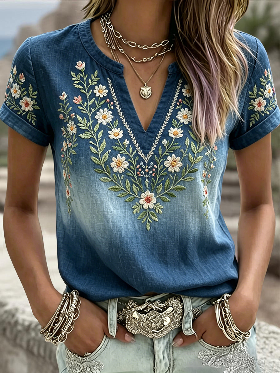 Kvinder Retro svensk midsommer blomster Gradient Art V-hals T-shirt