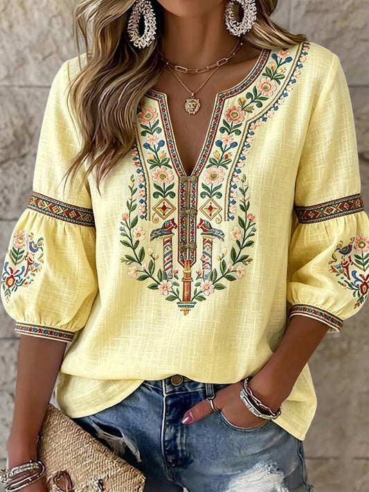 Kvinder Retro svensk midsommer Blomster Symmetrisk kunst V-hals bluse