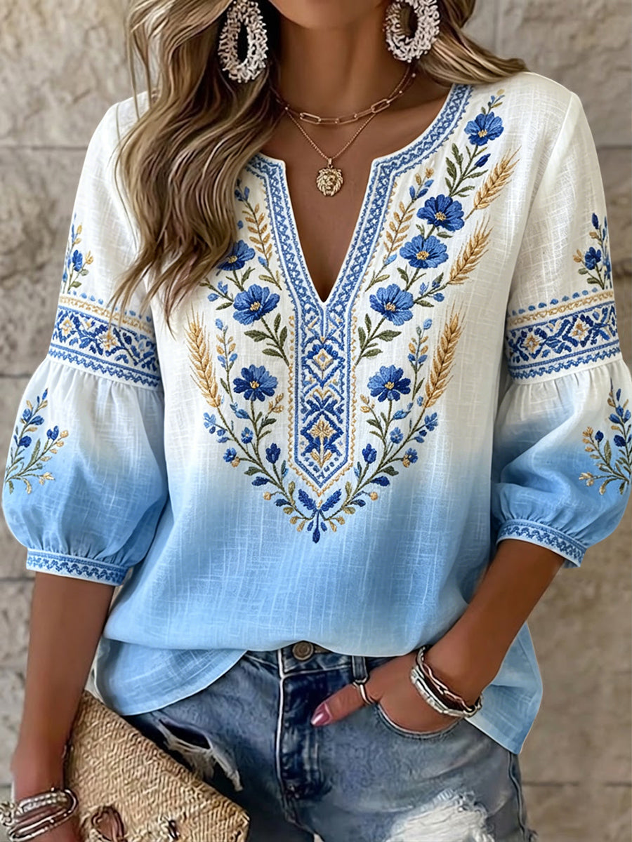 Kvinder Retro-Art Svensk Midsommer Blomster Gradient V-Neck Toppe